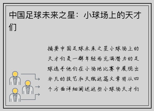 中国足球未来之星：小球场上的天才们