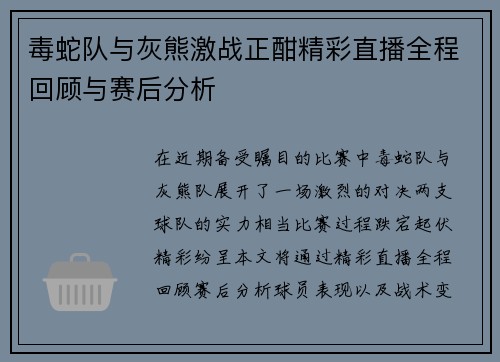 毒蛇队与灰熊激战正酣精彩直播全程回顾与赛后分析