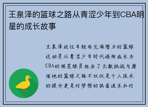 王泉泽的篮球之路从青涩少年到CBA明星的成长故事